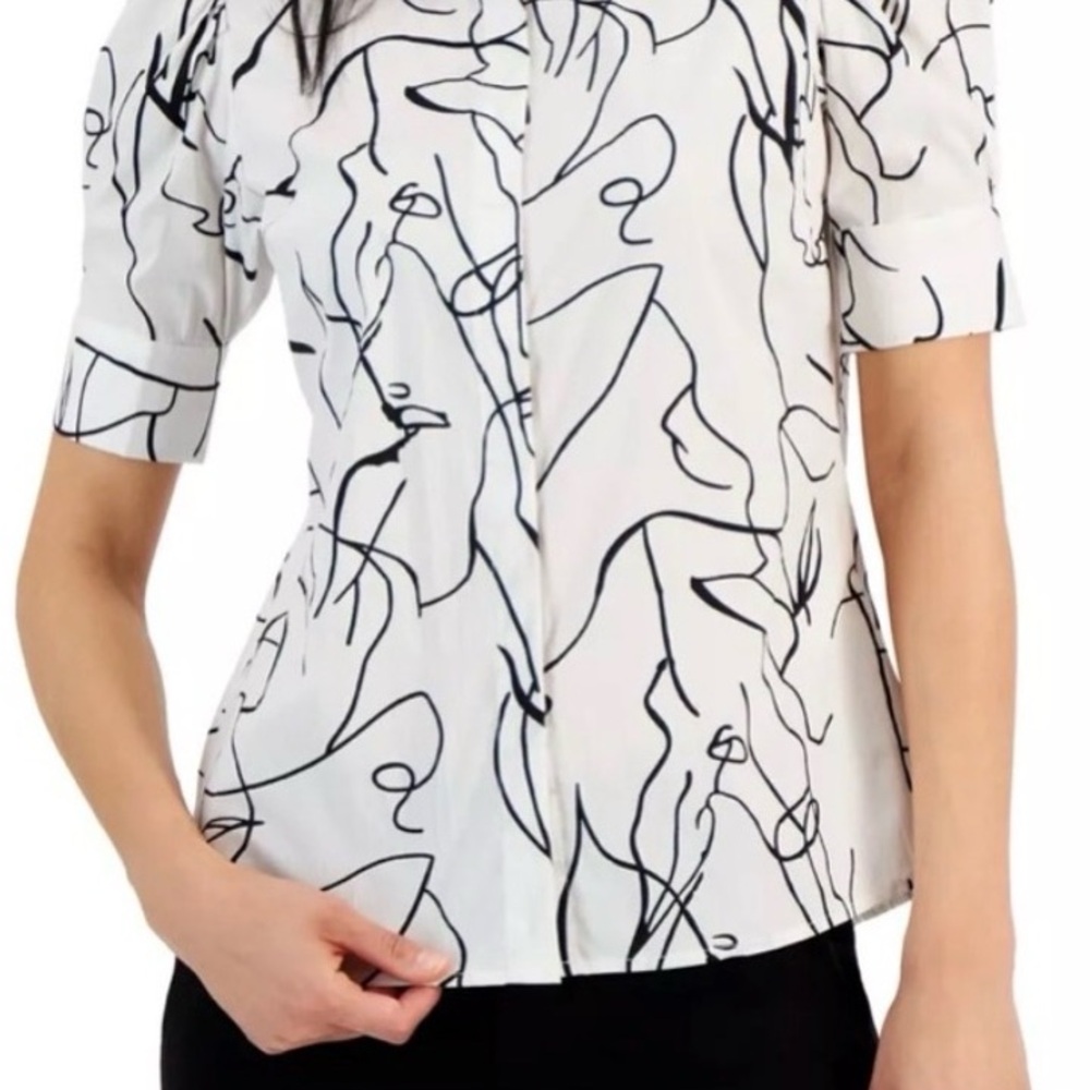 Elie Tahari Abstract Black and White Women's Top with Puffy Sleeves